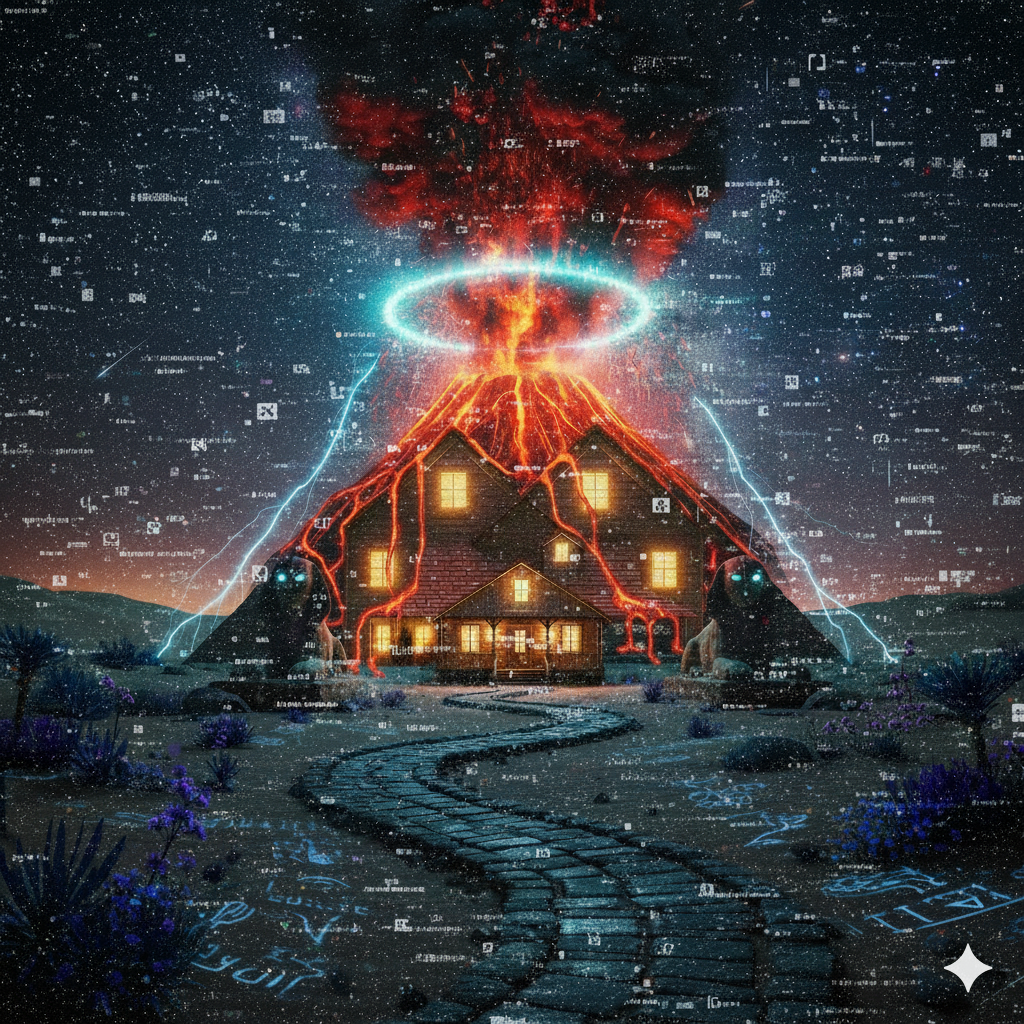 A classic, rustic house covered in futuristic tech and metal plating, being lifted by a bright blue tractor beam from a sleek, black UFO over a dense, highly detailed cyberpunk city. The scene has a dramatic, cinematic atmosphere and a subtle digital glitch effect.